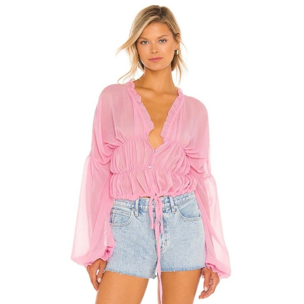 Womens Pink Ruffled V-Neck Blouse